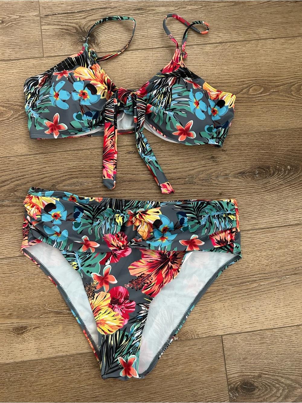 Grey Tropical Floral Bikini Set with Bright Floral Print